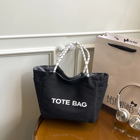 Women Casual Canvas Tote Bag Letter Printed Large Capacity Handbag With Braided Rope Handles Shoulder Bag For Daily Use