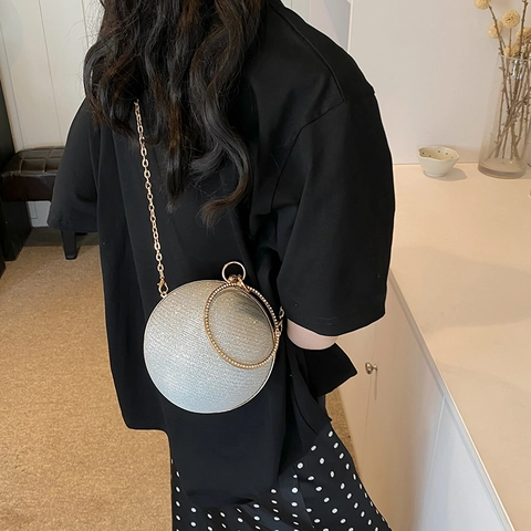 Borsa da Sera a Forma di Palla alla Moda per Donna Borsa in PU Glitterata Con Manico ad Anello con Strass Oro Argento Nero