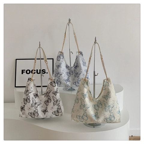 Butterfly Embroidered Lace Fabric Tote Bag Large Capacity Chain Strap Women Shoulder Bag Elegant Chic