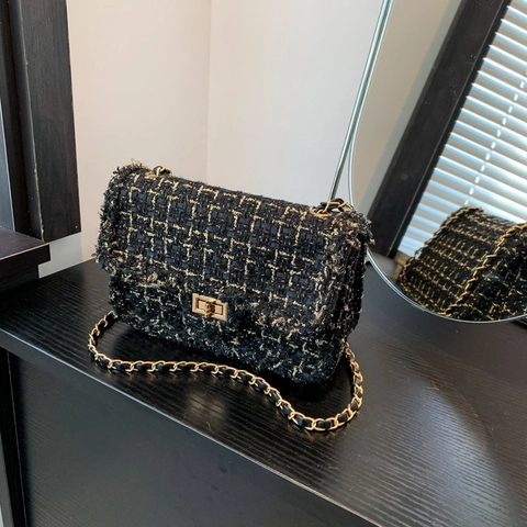 Elegant Tweed Crossbody Bag For Women Square Flap Shoulder Purse With Chain Strap And Metal Turn Lock Closure