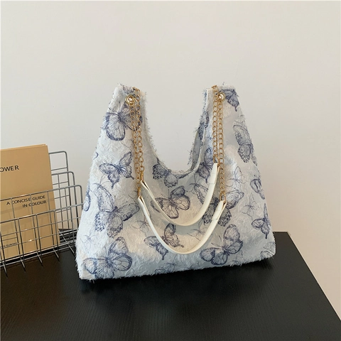 Sac À Épaule En Tissu Dentelle Imprimé Papillon Pour Femmes Avec Chaîne Dorée Style Coréen Élégant Tote Décontracté