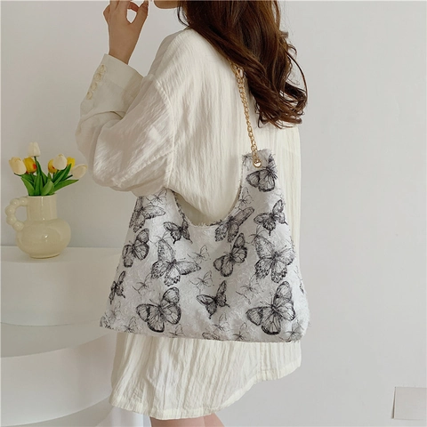Sac À Épaule En Tissu Dentelle Imprimé Papillon Pour Femmes Avec Chaîne Dorée Style Coréen Élégant Tote Décontracté