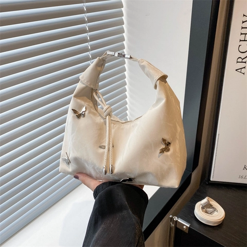 Borsa a Spalla da Donna alla Moda in Pelle PU Pieghettata Con Decorazione Farfalla in Metallo Stile Y2K Borsa a Tracolla