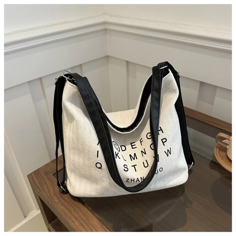 Women Large Capacity Canvas Shoulder Bag Minimalist Herringbone Tote Bag With Letter Print Casual Commuter Hobo Handbag