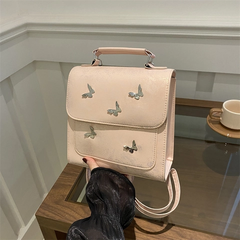 Mini Rucksack Handtasche Umhängetasche Für Damen PU Leder Mit Schmetterling Dekor Glänzende Textur Koreanische Mode