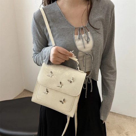 Mini Rucksack Handtasche Umhängetasche Für Damen PU Leder Mit Schmetterling Dekor Glänzende Textur Koreanische Mode