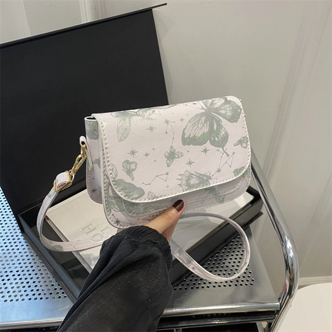 Butterfly Print Crossbody Bag PU Leather Flap Shoulder Bag With Constellation Star Pattern For Women Chic Mini Square Bag