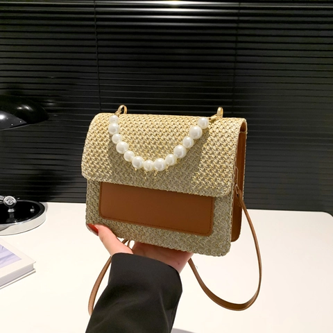 Borsa A Tracolla In Paglia Intrecciata Da Donna Con Manico In Perla Artificial Patchwork In Pelle PU Vacanze Al Mare Estate Piccola Borsa A Mano Quadrata