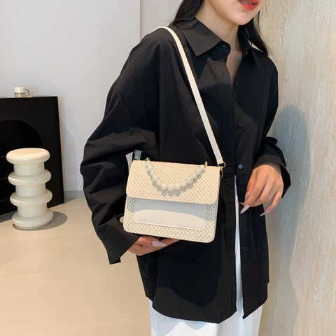 Borsa A Tracolla In Paglia Intrecciata Da Donna Con Manico In Perla Artificial Patchwork In Pelle PU Vacanze Al Mare Estate Piccola Borsa A Mano Quadrata