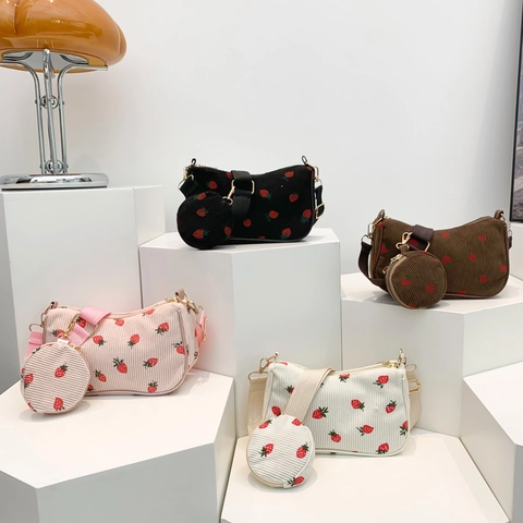 Sac Bandoulière Femme Imprimé Fraise Velours Côtelé Avec Petit Porte-Monnaie Rond Style Coréen Mode Décontractée