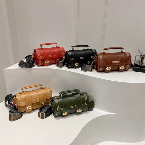 Vintage PU Leather Cylinder Boston Crossbody Bag With Ethnic Wide Strap Rivet Decor Double Twist Lock For Women