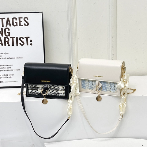 Fashion Women Tweed PU Splicing Shoulder Bag Chic Chain Crossbody Small Square Bag with Silk Scarf Daily Trendy Handbag