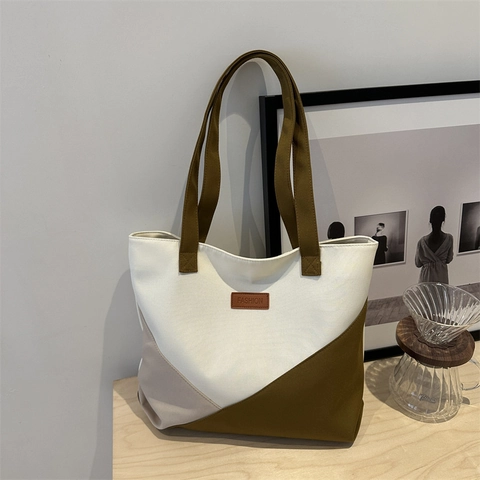 Color Block Leinwand Tote Bag Für Frauen Große Kapazität Minimalistische Umhängetasche Mit Leder Patch Mode
