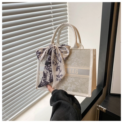 Fashion Butterfly Embroidery Canvas Tote Bag With Satin Scarf Wrap Handle Elegant Small Square Handbag For Women Daily