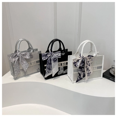 Fashion Butterfly Embroidery Canvas Tote Bag With Satin Scarf Wrap Handle Elegant Small Square Handbag For Women Daily