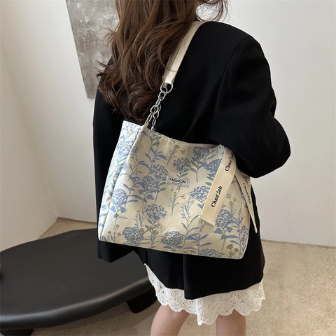 Borsa Tote Estetica in Tela Floreale Per Donna Stampa Ortensia Capacità Borsa a Tracolla Nastro Catena Borsetta Casual Quotidiana