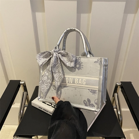 Women Embroidered Tote Bag PU Leather Handbag With Satin Scarf Butterfly Floral Pattern Commuter Shoulder Bag Elegant Fashion Luxury Style