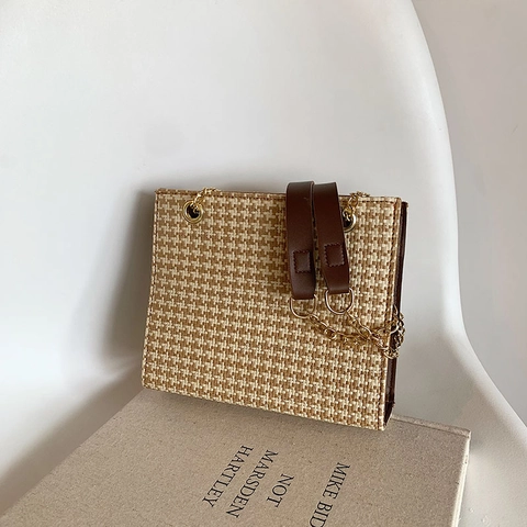 Women Woven Crossbody Bag Straw PU Leather Houndstooth Square Shoulder Handbag Chain Strap Daily Casual Vacation Chic