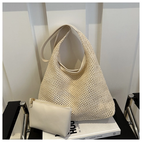 Large Capacity Woven Tote Bag For Women Hollow Mesh Summer Beach Shoulder Bag With Matching Pouch Casual Hobo Handbag