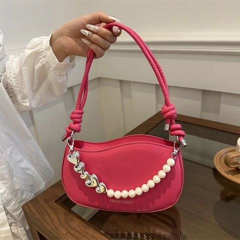 Women PU Leather Underarm Bag Fashion Heart Artificial Pearl Chain Small Hobo Shoulder Bag Elegant Commute Crossbody Purse Gift