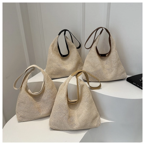 Large Capacity Woven Tote Bag For Women Hollow Mesh Summer Beach Shoulder Bag With Matching Pouch Casual Hobo Handbag