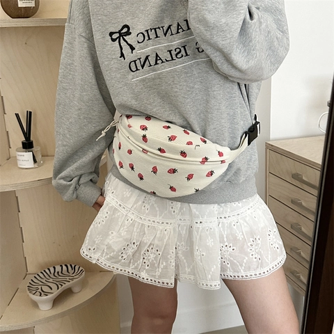 Kawaii Corduroy Strawberry Print Crossbody Bag Women Japanese Style Adjustable Chest Pack Casual Fanny Pack Retro