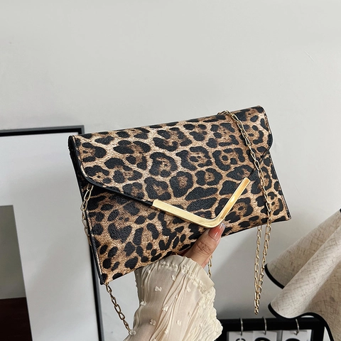 Borsa A Tracolla Con Stampa Leopardata Donna Pelle PU Pochette A Busta Con Finiture In Metallo A V Oro E Tracolla Catena