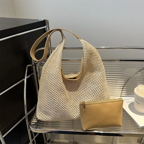 Women Summer Woven Straw Tote Bag And Pouch Casual Beach Shoulder Bag With PU Leather Strap Large Capacity Mesh Hobo Handbag