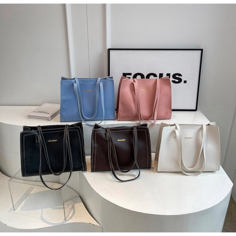 Women Large Capacity Tote Bag PU Leather Contrast Stitching Minimalist Commuter Shoulder Bag Korean Style Work Handbag