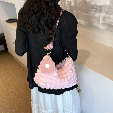 Borsa A Spalla Con Texture Popcorn Pieghettata Donna Moda Casual Borsa Da Ascella Con Pendente A Fiore Colore Solido PU