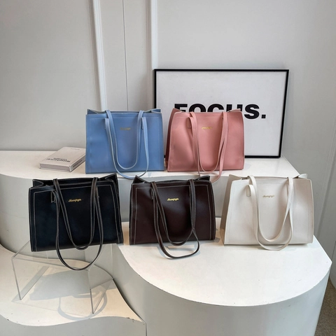 Grand Sac Cabas en Cuir PU pour Femmes Sac à Épaule Rétro avec Surpiqûres Contrastées et Logo en Lettres Métalliques