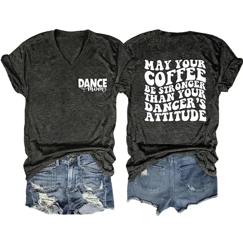 T-shirt Donna Scollo V Misto Cotone Maniche Corte Stampa Lettere Slogan Estate Casual Street Fashion Dancer Mom