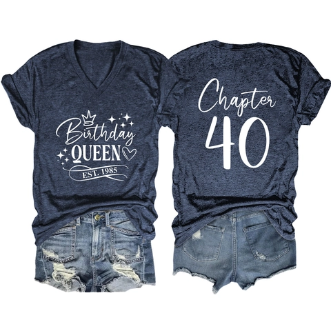 Birthday Queen Est 1985 Women Short Sleeve V-Neck T-Shirt And Distressed Denim Shorts Summer Casual Party Clothes