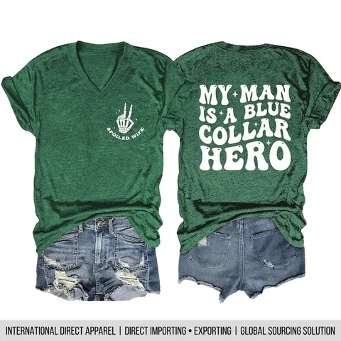 Camiseta Con Cuello En V Y Pantalones Cortos De Mezclilla Distressed Para Mujer Estampado Gráfico Spoiled Wife Ropa Casual