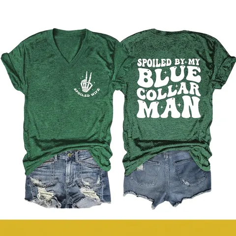 Women V-Neck Cotton Blend T-Shirt And Distressed Denim Shorts Graphic Spoiled Wife Print Casual Summer Outfit