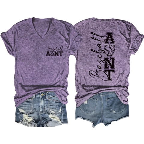 T-Shirt Con Scollo A V Stampata Baseball Aunt E Pantaloncini Di Jeans Da Donna Completo Estivo Casual In Misto Cotone