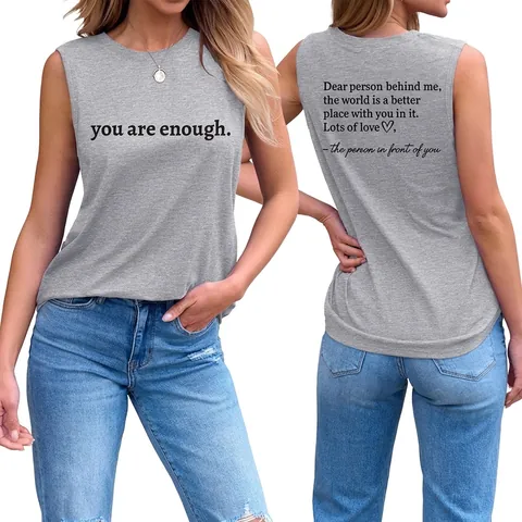 Camiseta Sin Mangas Mujer Cuello Redondo Mezcla De Algodón You Are Enough Slogan Verano Casual Muscle Shirt Inspirador