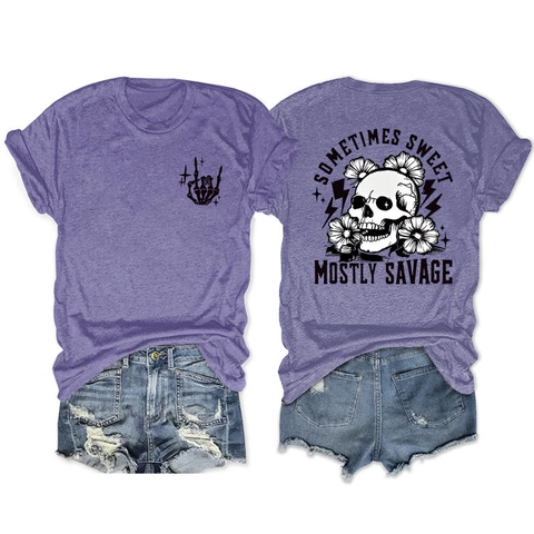 Women T-Shirt Cotton Blend Round Neck Short Sleeve Skull Flower Graphic Print Sometimes Sweet Mostly Savage Punk Streetwear