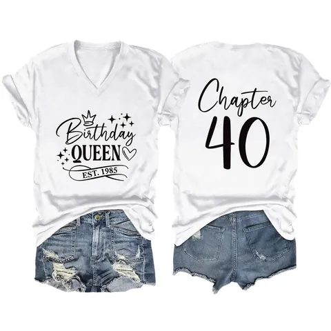 Birthday Queen Est 1985 Women Short Sleeve V-Neck T-Shirt And Distressed Denim Shorts Summer Casual Party Clothes