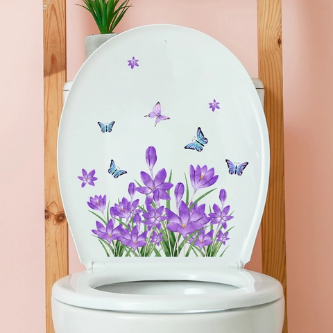 Purple Flower Butterfly Toilet Lid Sticker PVC Waterproof Removable Bathroom Decal Art Home Decor
