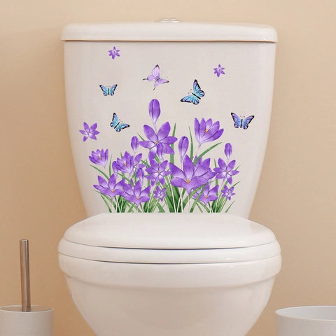 Paarse Bloem Vlinder Toilet Stickers Waterdicht PVC Aquarell Botanisch Bloemen Stickers Voor Badkamer Huis Decoratie