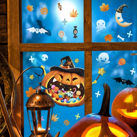 Halloween Window Clings PVC Static Stickers Pumpkin Ghost Bat Maple Leaf Decals For Glass Party Home Decor DIY Mural