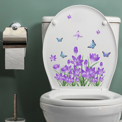 Purple Flower Butterfly Toilet Lid Sticker PVC Waterproof Removable Bathroom Decal Art Home Decor