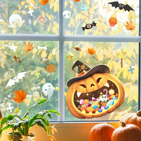 Halloween Window Clings PVC Static Stickers Pumpkin Ghost Bat Maple Leaf Decals For Glass Party Home Decor DIY Mural