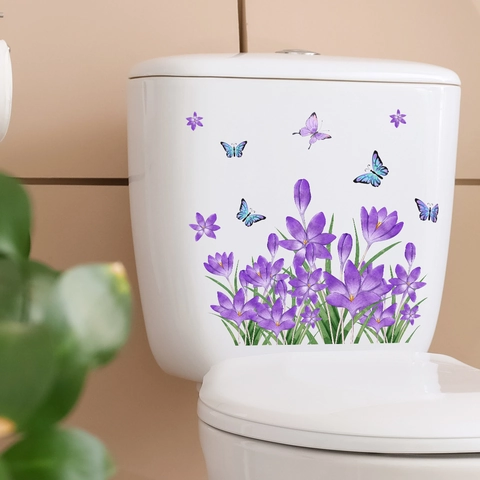 Paarse Bloem Vlinder Toilet Stickers Waterdicht PVC Aquarell Botanisch Bloemen Stickers Voor Badkamer Huis Decoratie