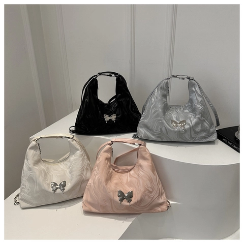 Dames Schoudertas Marmerpatroon PU Leer Vlinder Metalen Decor Hobo Okseltas Handtas Koreaanse Stijl Retro Y2K