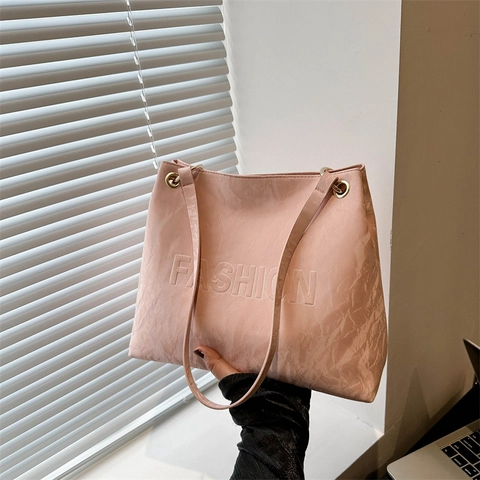 Bolso Tote de Mujer de Piel Sintética PU Gran Capacidad Color Sólido Arrugado Relieve de Letras Bolso de Hombro Minimalista