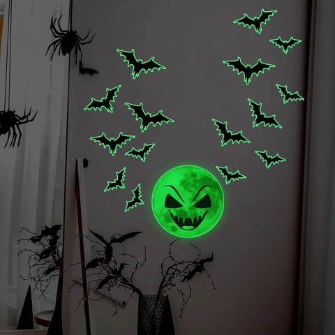 Halloween Wall Stickers Glow In The Dark Luminous Bat Evil Moon Decals PVC Removable Holiday Party Home Decor