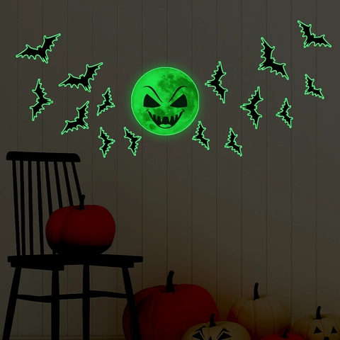 Halloween Wall Stickers Glow In The Dark Luminous Bat Evil Moon Decals PVC Removable Holiday Party Home Decor