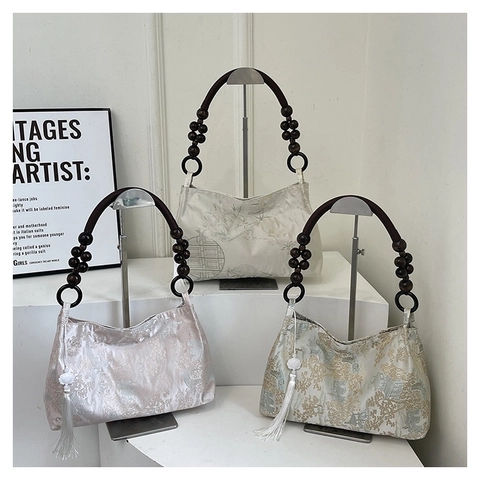 Borsa a Spalla in Raso Jacquard Nuovo Stile Cinese per Donna Borsa a Mano Vintage con Manico in Perline di Legno e Nappa
